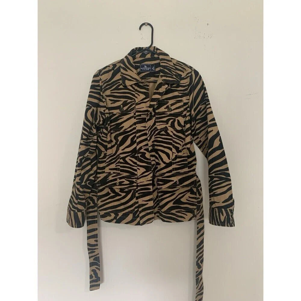 AMERICAN LIVING BROWN BLACK ZEBRA PRINT BUTTON UP SAFARI JACKET SZ M‎